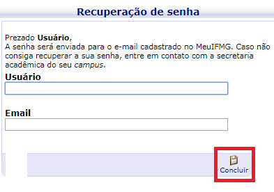 Janela de Solicitação de Recuperação de Senha